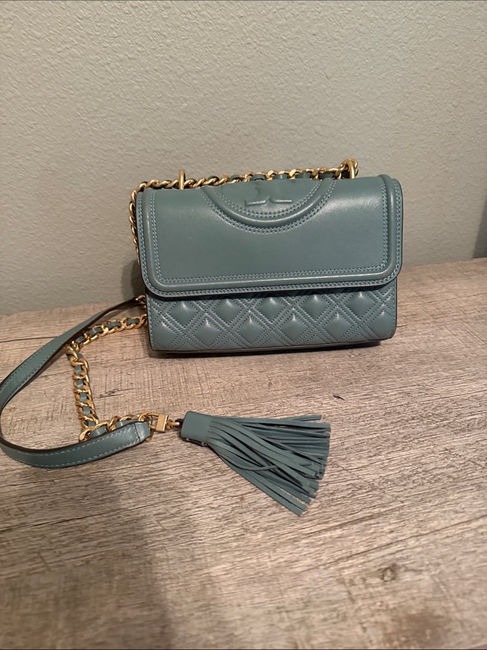 Tory Burch Dusty Blue Quilted Leather Crossbody with Tassel